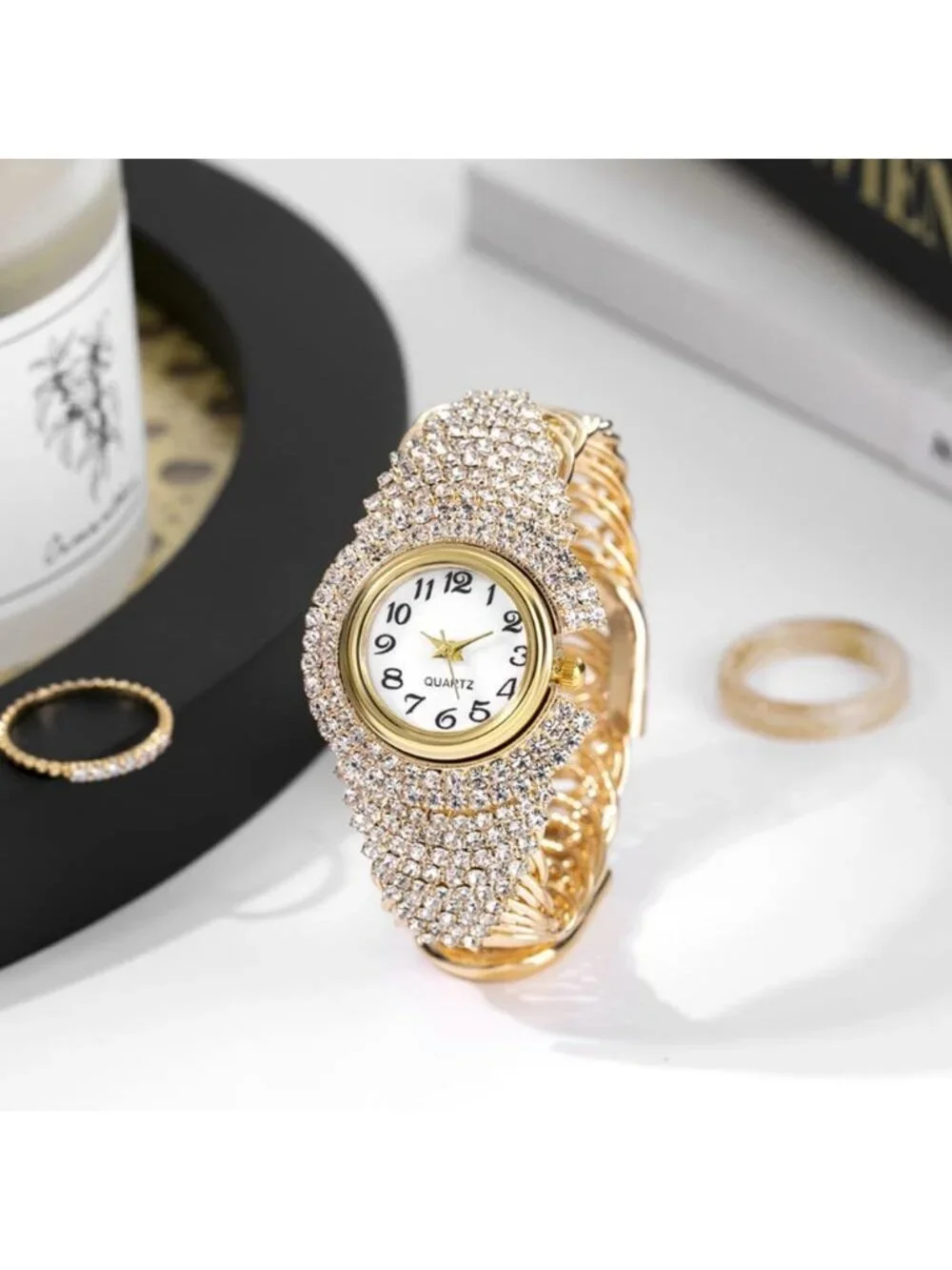 Women's Gold Elegant Crystal Bangle Bracelet Round Dial Analog Quartz Wristwatch